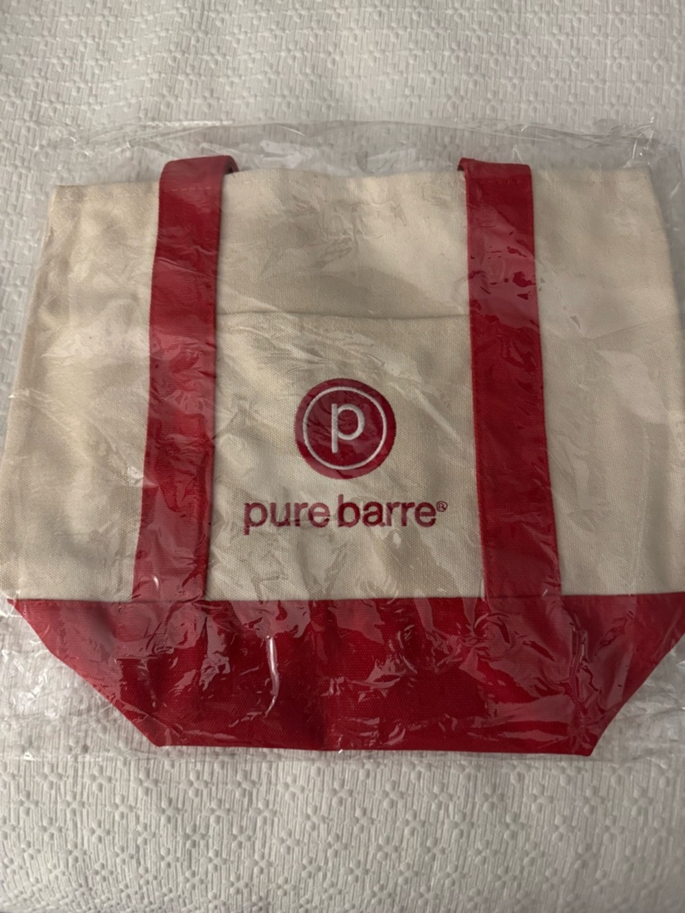 Pure Barre Cream Canvas Tote with Red Trim